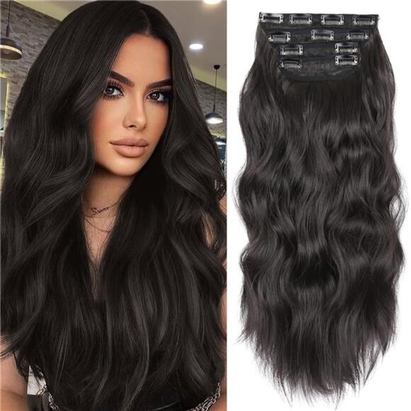 4PCS Clip in Hair Extensions, Black Brown